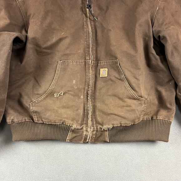 Carhartt Jacket Mens 2XL Brown Hooded Full Zip Up Canvas Quilt Lined Workwear - Picture 3 of 12